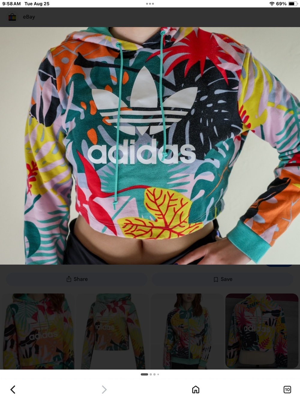 adidas Multicolor Tropical Print Crop Hoodie with Teal Drawstrings